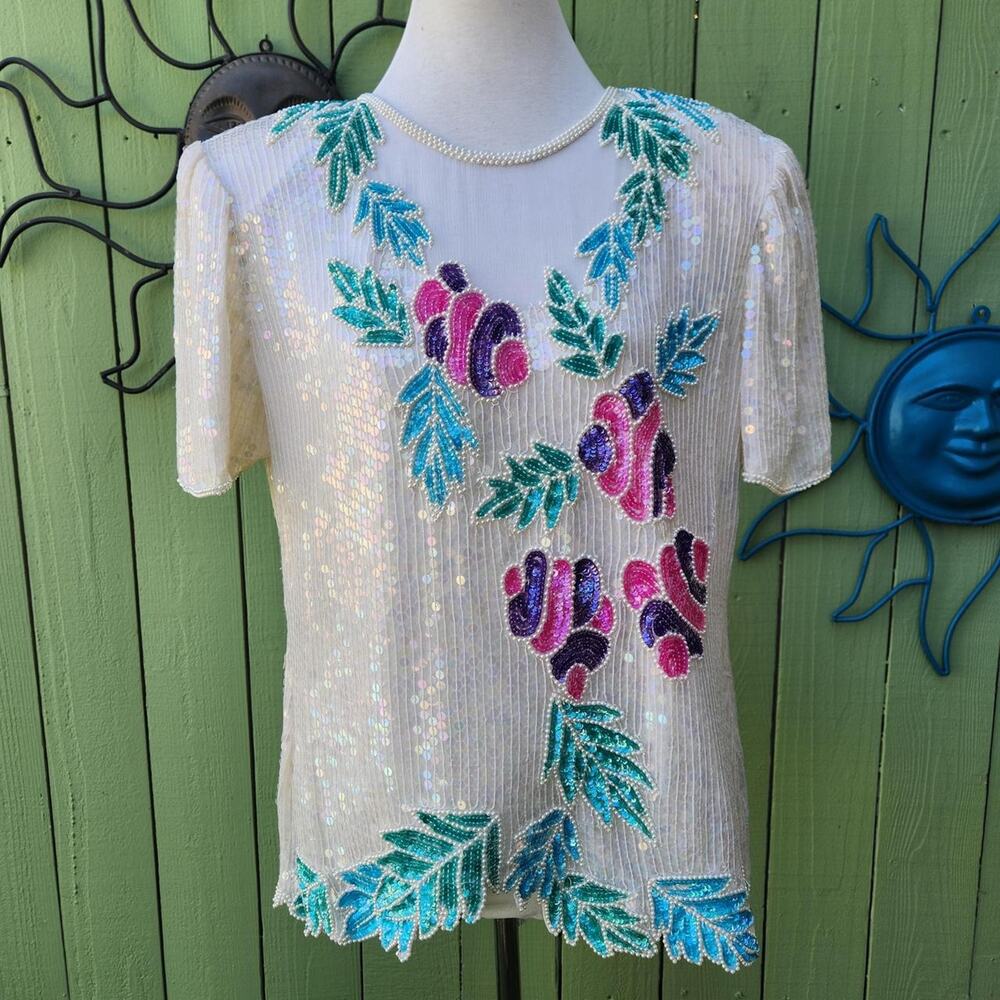 Vintage 1980s No Label White Sequin Mermaid Short Sleeve Blouse